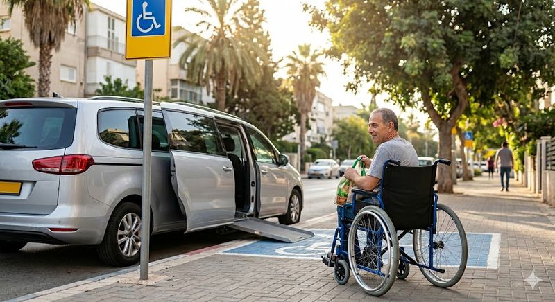 גבר יושב על כסא גלגלים ברחוב לפניו אוטו מונגש משרד עו״ד אימבר גולן פרטוש