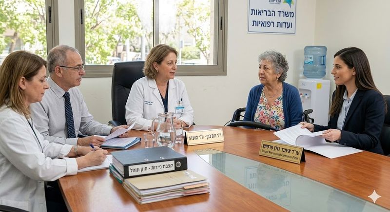 אישה בחלוק לבן יושבת ליד שולחן ישיבות מימינה ומשמאלה יושבים עוד אנשים