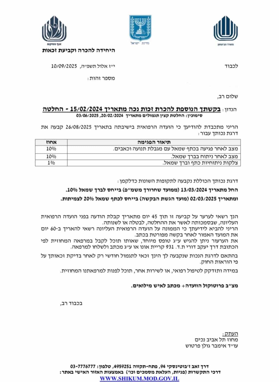 קצבה חודשית ללוחם מילואים שסובל מנזקים בכתף משרד עו"ד אימבר גולן פרטוש