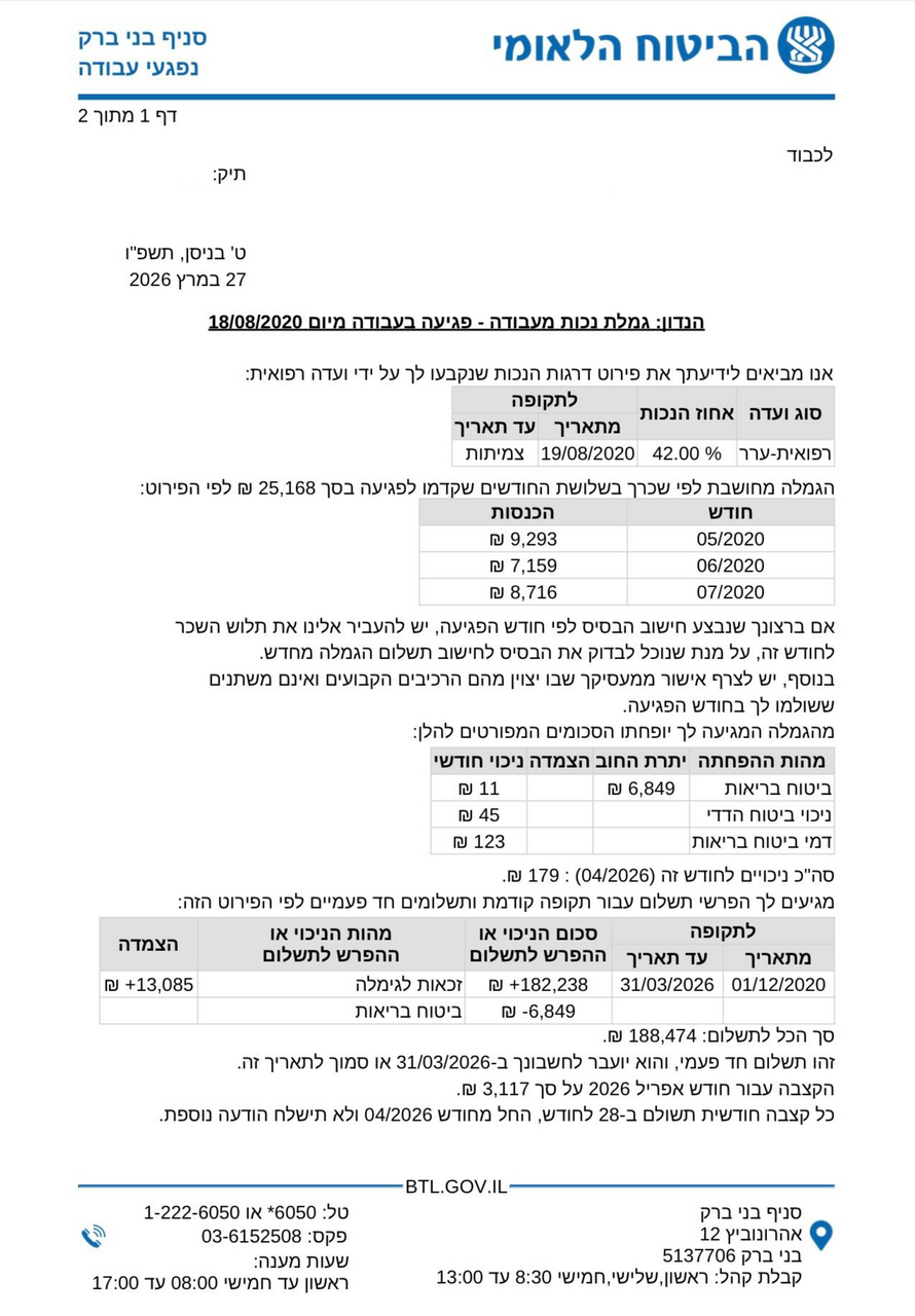 קצבה חודשית לכל החיים ותשלום רטרואקטיבי בסך 118,474 ש״ח בעקבות מחלת מקצוע
